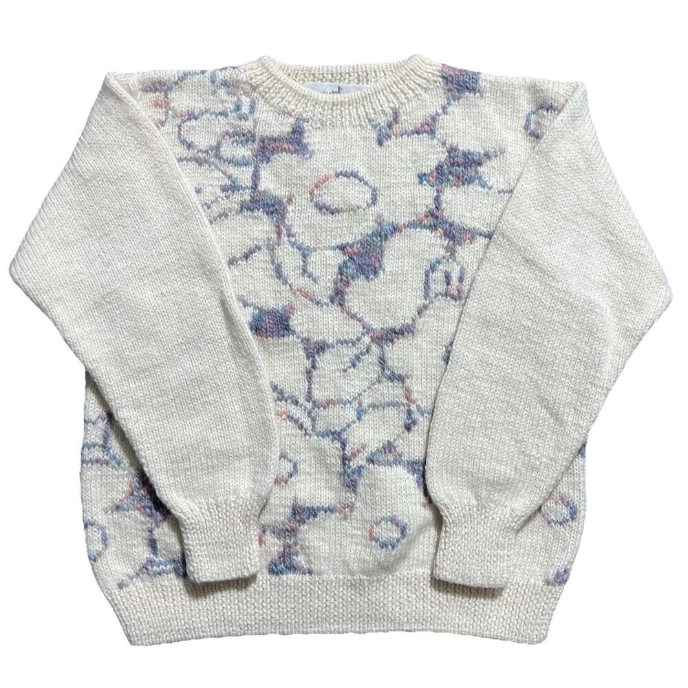 Vtg Peruvian Connection Art To Wear Flower Crew Neck Hand Knit Sweater Sz S